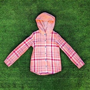 Btween Pink Plaid Girls Pop Button-Up Hoodie L/S Cotton Blend Shirt Sz 8 EUC